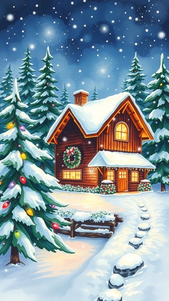 A watercolor painting of a snow-covered cabin with Christmas lights and pine trees under a starry sky.